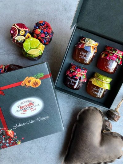 Gran Grans Foods set of 4 miniature jams 100ml each. The selection contains Strawberry, Raspberry, Rhubarb and ginger jam and Blackberry Jam