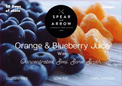Bottle of Spear and Arrow Orange and Blueberry Bone Broth Juice